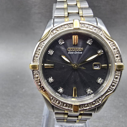 Citizen Eco-Drive Watch Women 26mm Black Dial Two Tone Date E013-S090288 Runs0