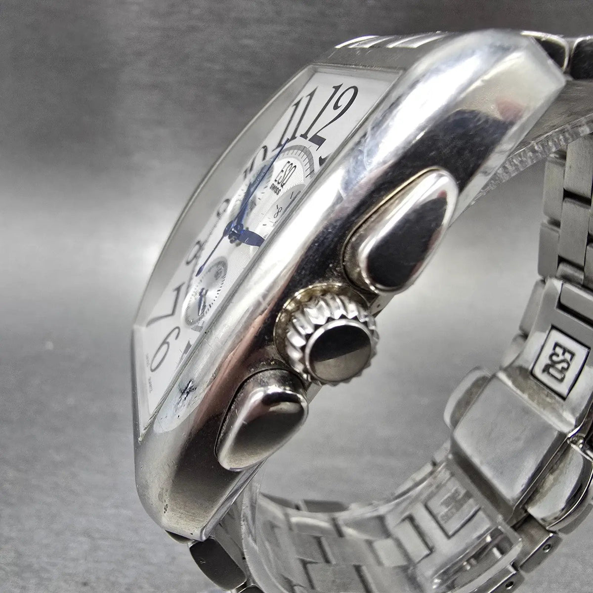 ESQ Chronograph Drake Watch Men 33mm White Dial Silver Date Rectangle New Batt2