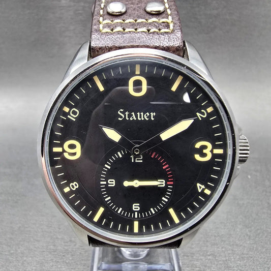 Stauer Midnight Aviator Watch Men 44mm Black Dial Steel 41026 New Battery0