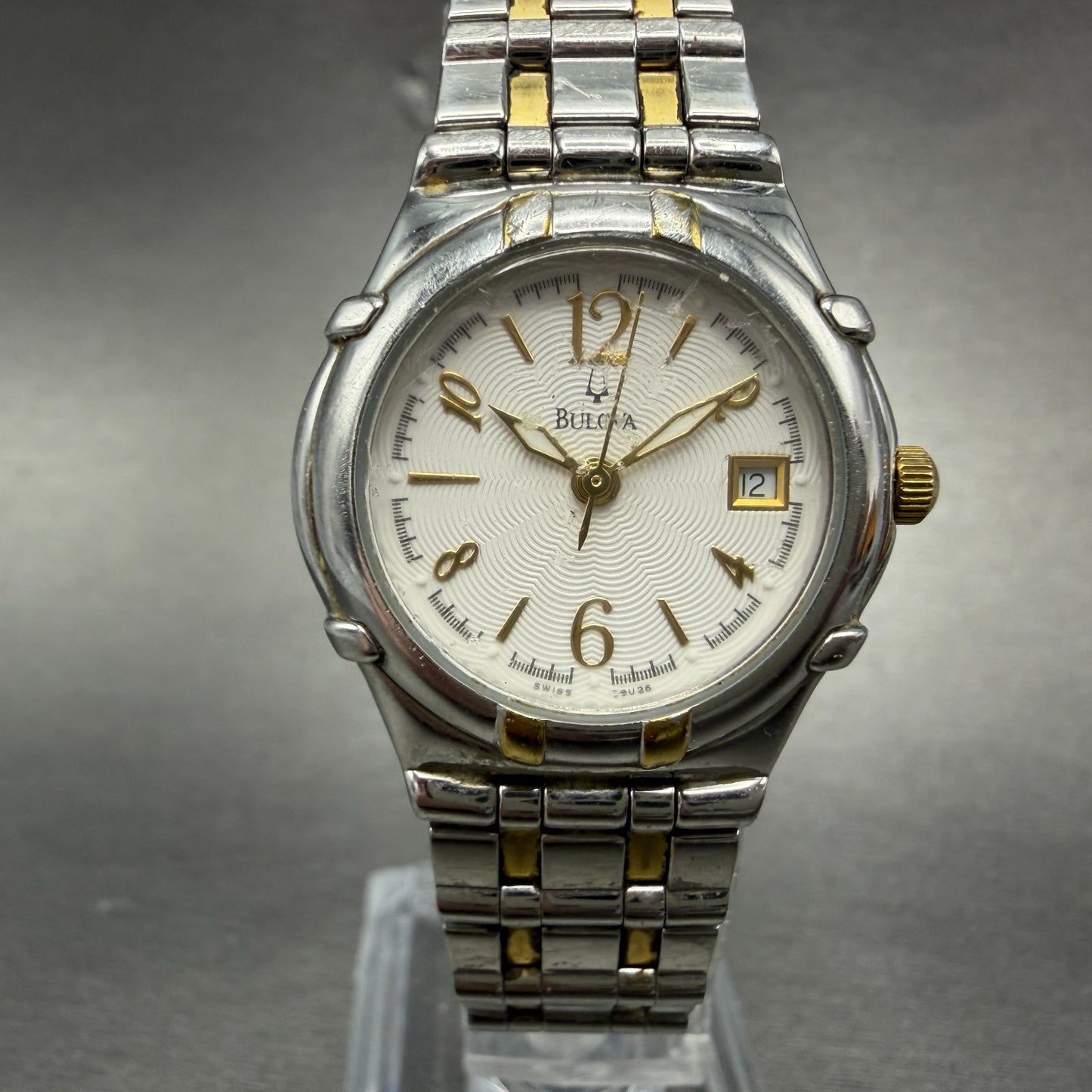 Bulova Watch Women 27mm White Dial Two Tone Date Round 98U26 New Battery0