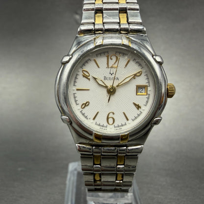 Bulova Watch Women 27mm White Dial Two Tone Date Round 98U26 New Battery0