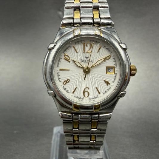 Bulova Watch Women 27mm White Dial Two Tone Date Round 98U26 New Battery0