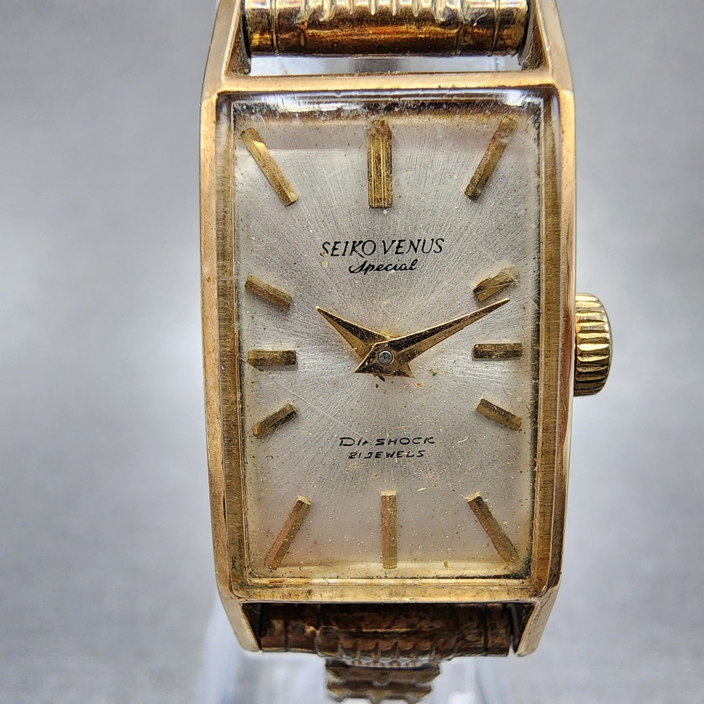 Seiko Venus Special Tank Watch Women 16mm Silver Dial 14K Gold Filled Manual Run1