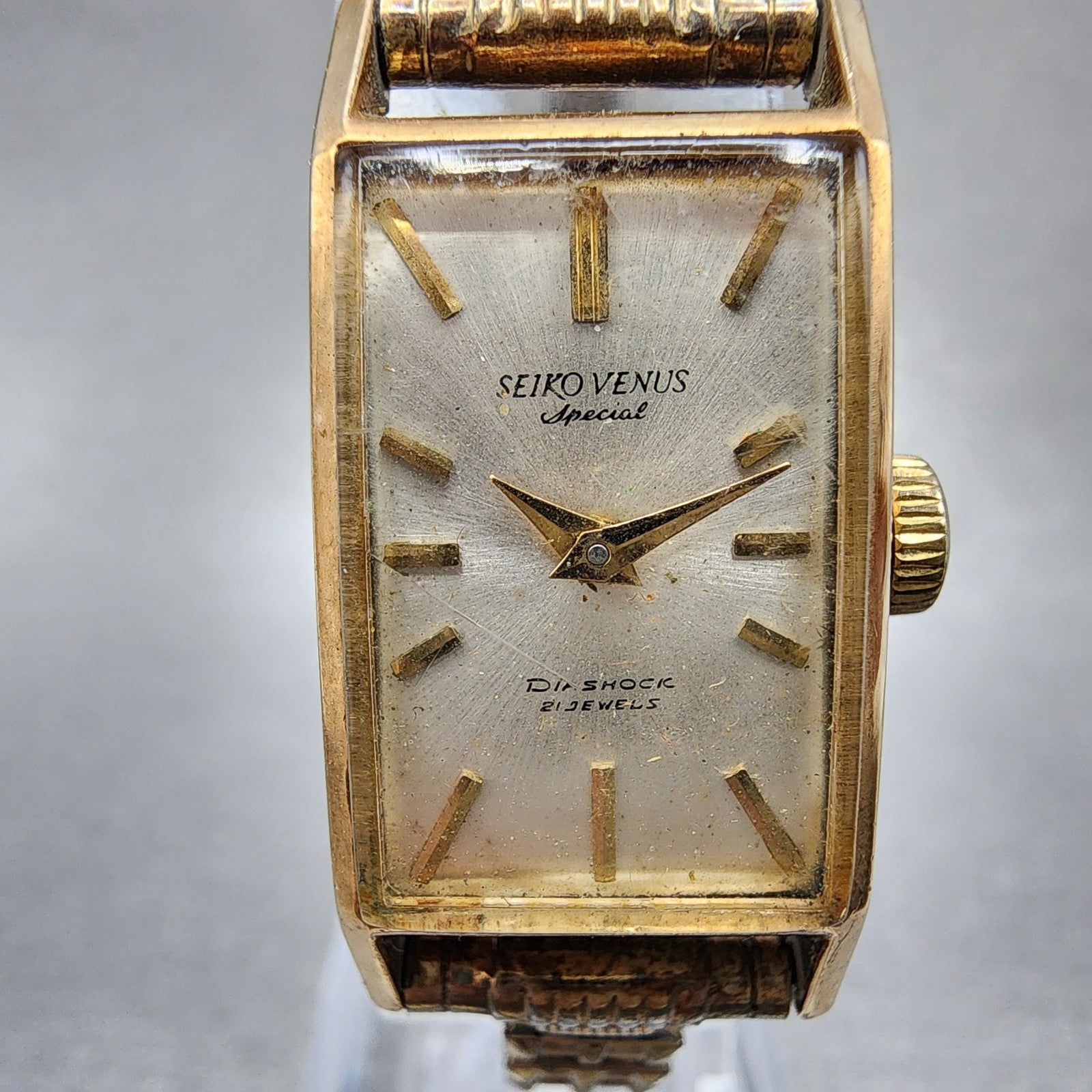 Seiko Venus Special Tank Watch Women 16mm Silver Dial 14K Gold Filled Manual Run1
