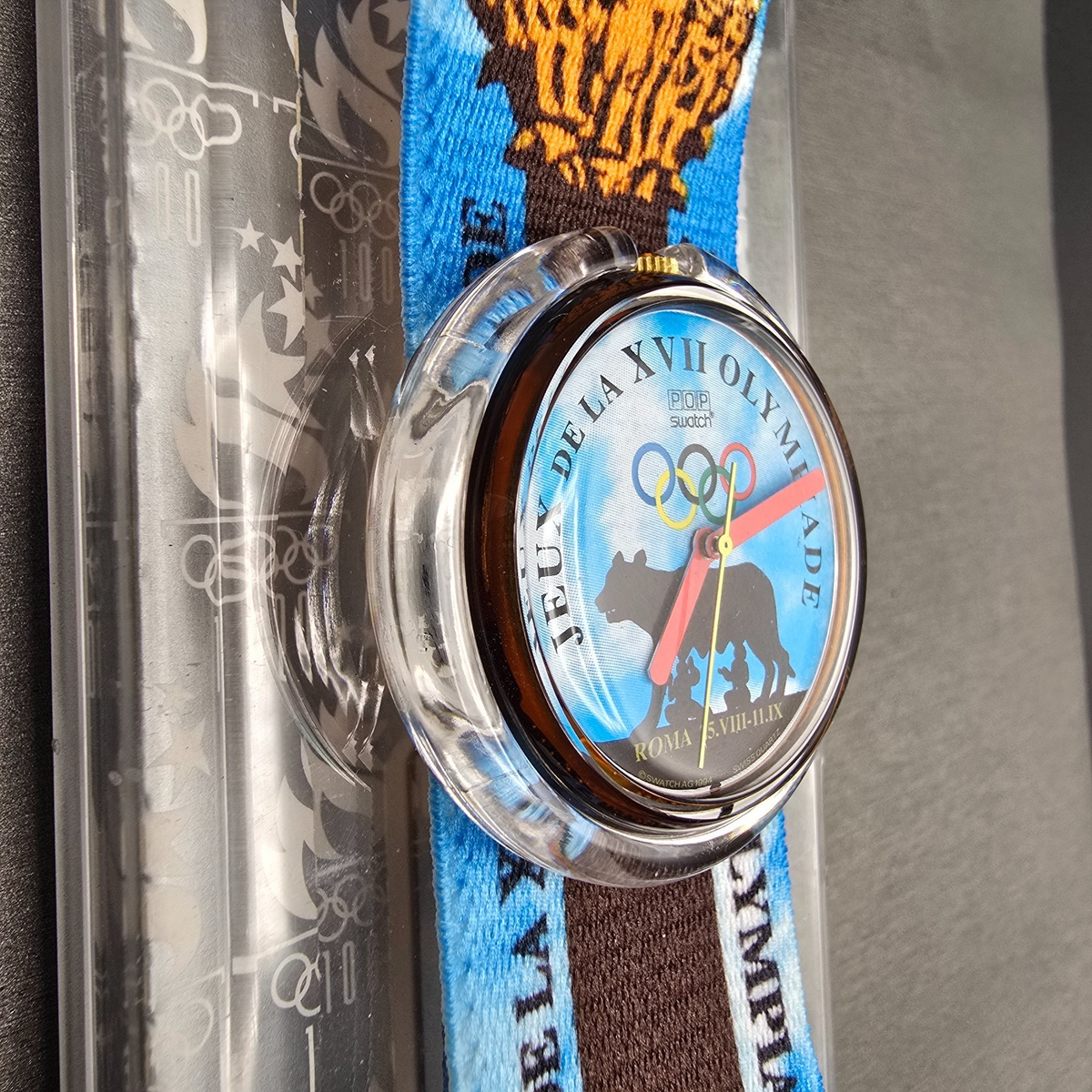 Swatch Pop Roma 1960 Watch Men 40mm Blue Dial Brown Case PMZ101 New Battery NOS4