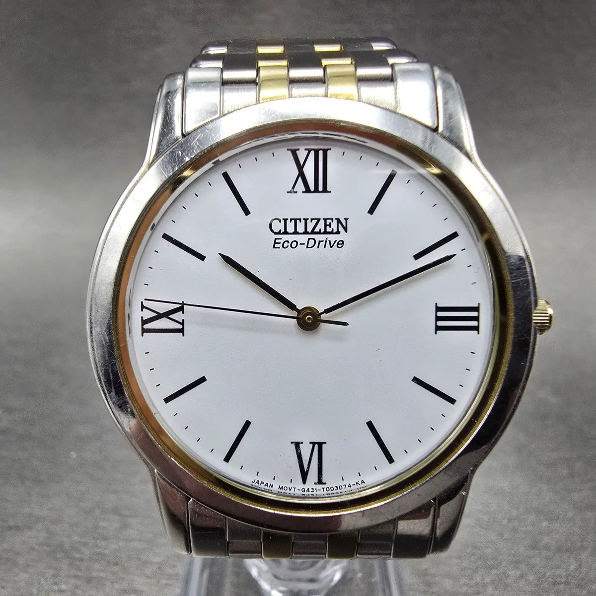 Citizen Eco-Drive Stiletto Watch Men 35mm White Dial Two Tone Round Runs JP230