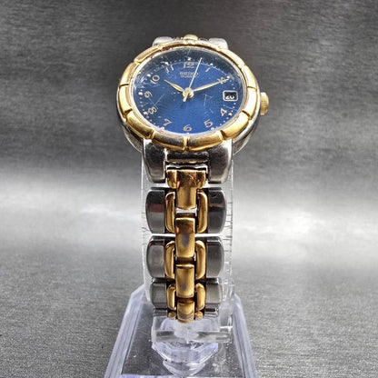 Seiko Watch Women 23mm Blue Dial Two Tone Date Round 7N82-6B79 New Battery JP4535