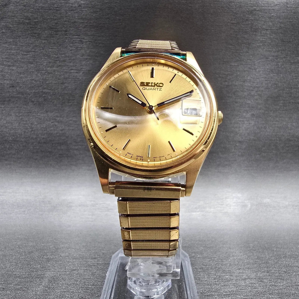 Seiko Watch Men 35mm Gold Dial Gold Tone Date Round 7N42-8A39 New Battery5