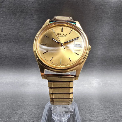 Seiko Watch Men 35mm Gold Dial Gold Tone Date Round 7N42-8A39 New Battery5
