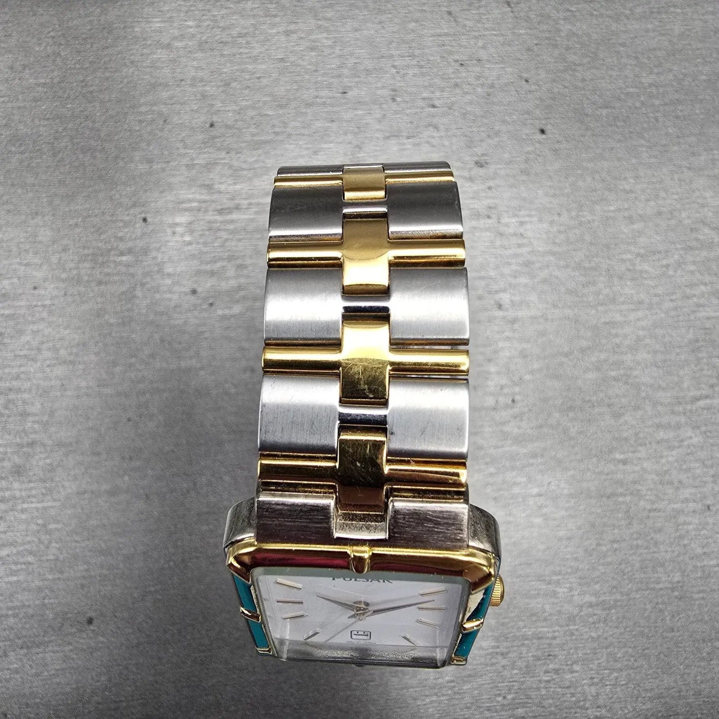 Seiko Pulsar Watch Men 26mm White Dial Two Tone Date Rectangle V732-X067 New Bat4