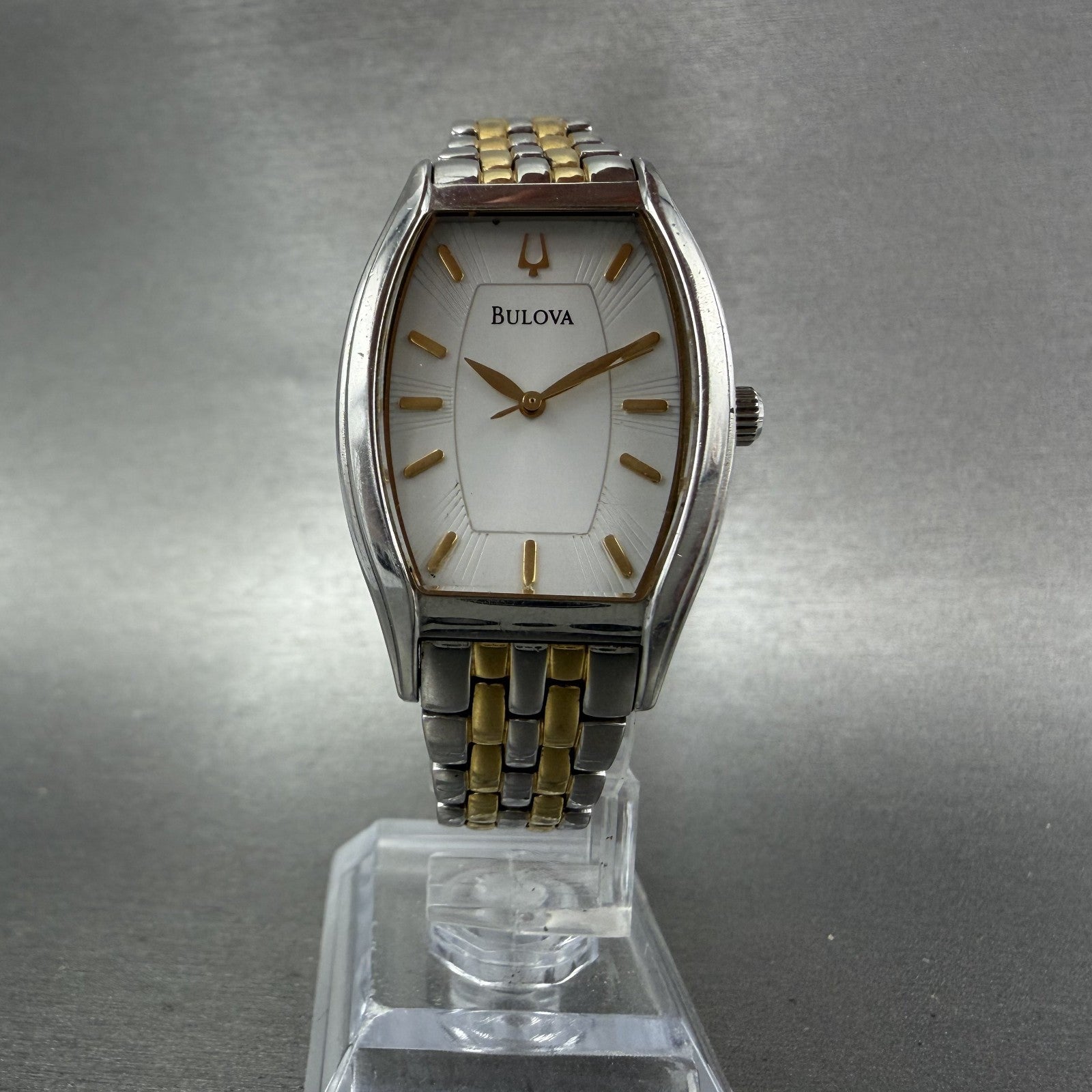 Bulova Watch Women 26mm White Dial Two Tone Tonneau 98L145 New Battery5