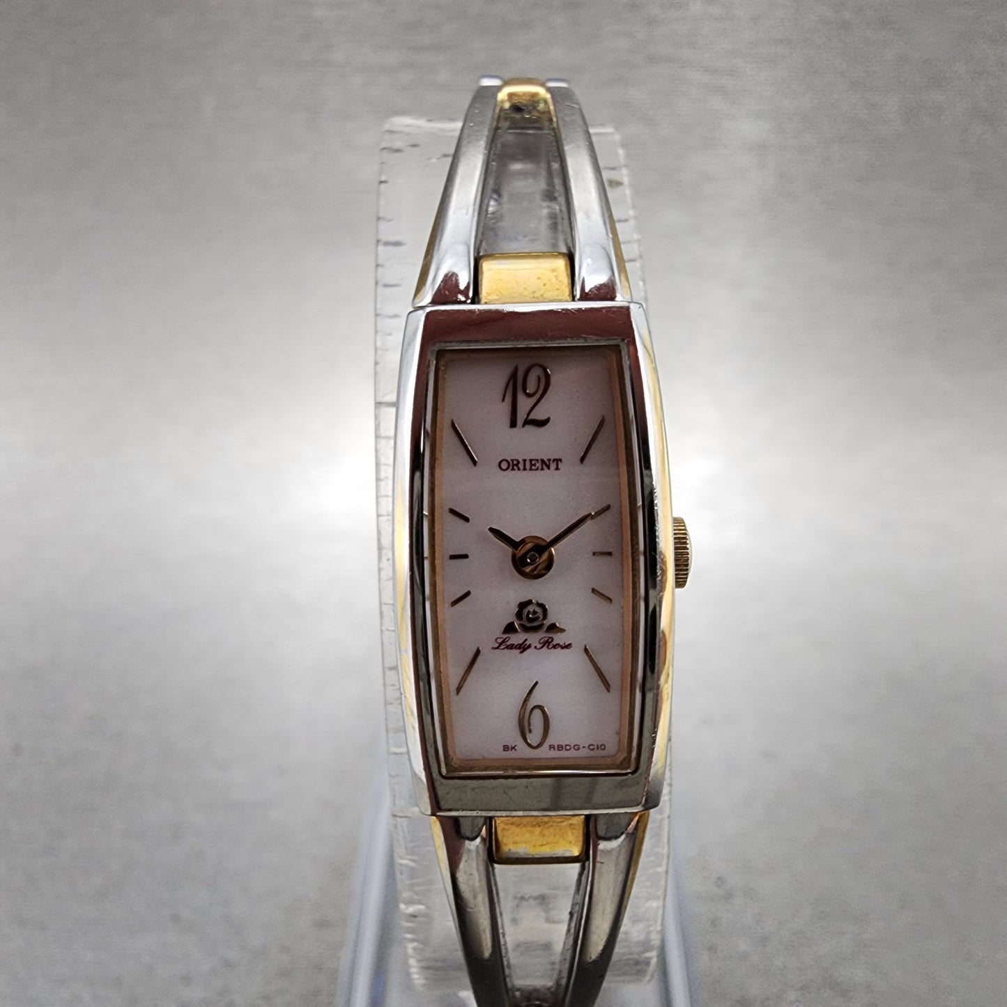 Orient Lady Rose Watch Women 13mm MOP Dial Two Tone Rectangle New Battery0