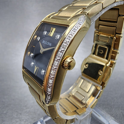 Bulova Sutton Tank Watch Women Black Dial Gold Tone Diamond Bezel New Battery