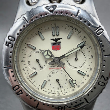 Elgin Watch Men 37mm Cream Dial Silver Tone Round Daydate FK-553 New Battery1
