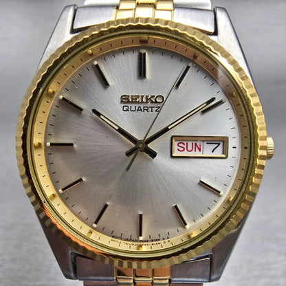 Seiko President Watch Men 35mm Silver Dial Two Tone Daydate 7N43-8111 New Batt1