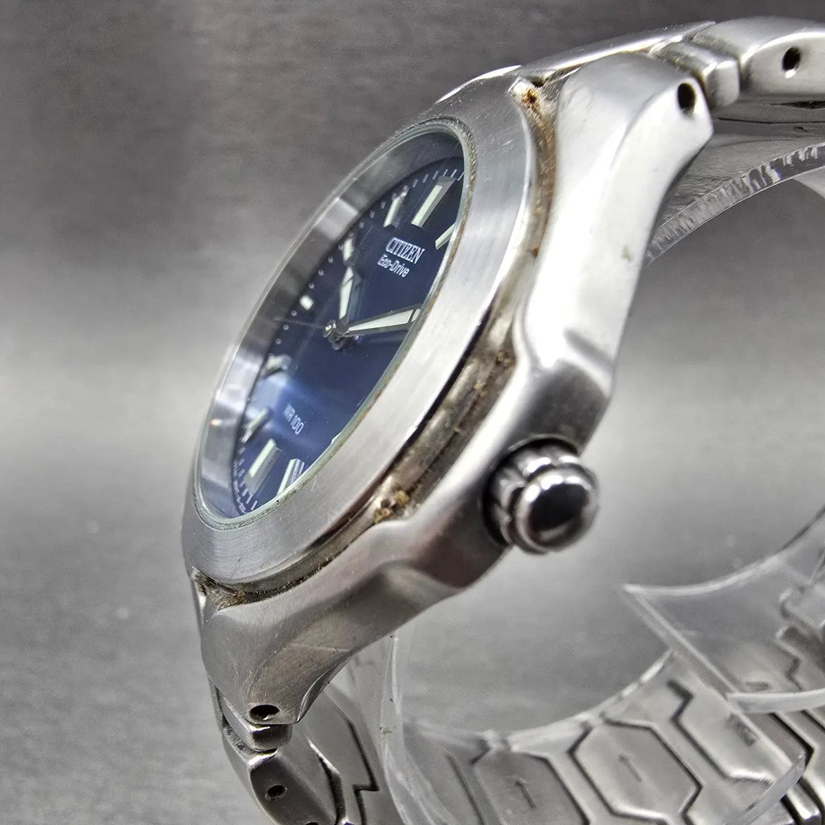 Citizen Eco-Drive Watch Men 39mm Blue Dial Silver Tone Date E110-K16385 Runs JP52