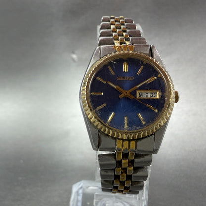 Seiko Watch Women 24mm Blue Dial Two Tone Daydate Round 7N83-0049 New Batt ABCD5