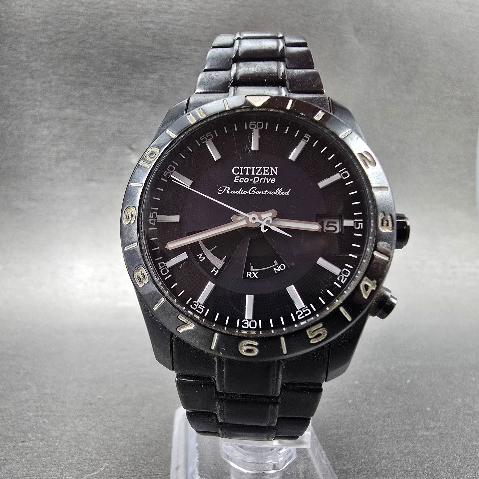 Citizen Eco-Drive Watch Men 38mm Black Dial Black Tone Atomic Date PARTS!!! H4166