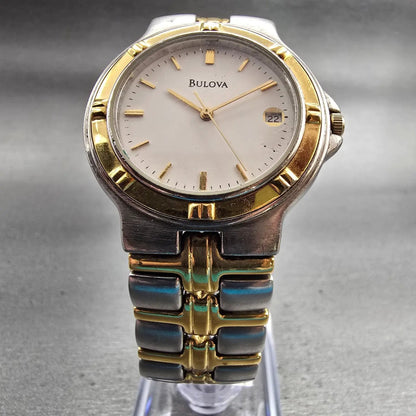 Bulova Watch Men 34mm White Dial Two Tone Date Round 98B52 New Battery5