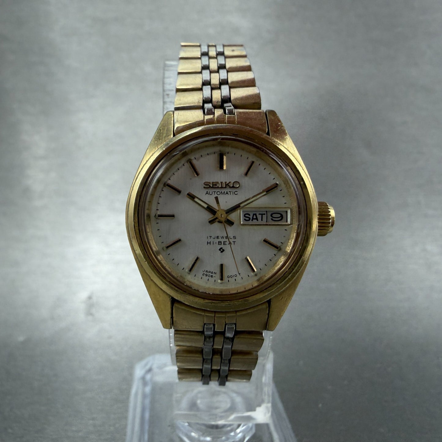 Seiko Automatic Watch Women 24mm Silver Dial Gold Tone Daydate 2906-0019 Runs5