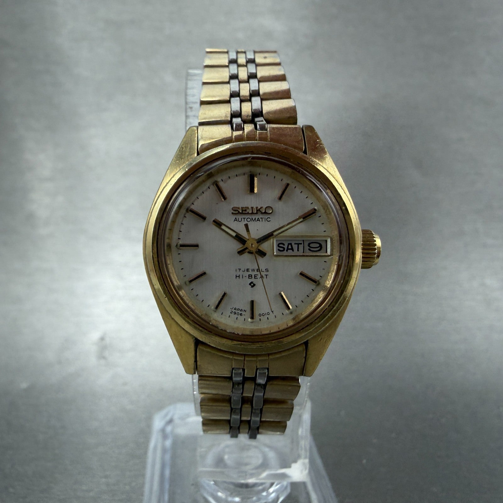Seiko Automatic Watch Women 24mm Silver Dial Gold Tone Daydate 2906-0019 Runs5
