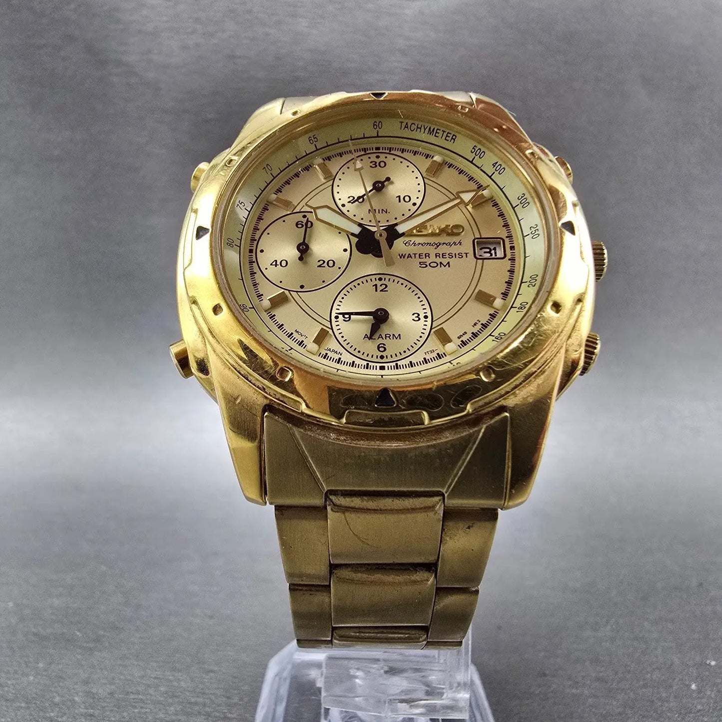 Seiko Chronograph Watch Men 39mm Gold Dial Gold Tone Date Round 7T32-6M59 PARTSK6