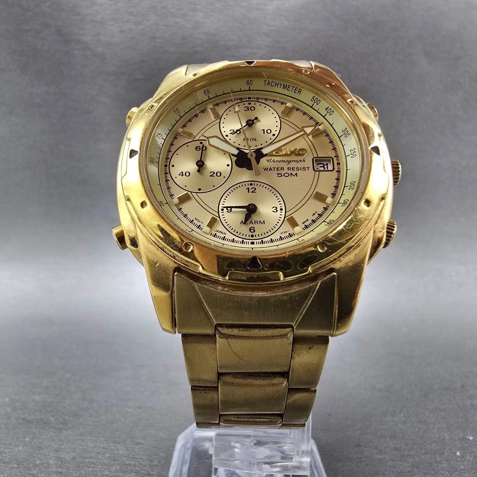 Seiko Chronograph Watch Men 39mm Gold Dial Gold Tone Date Round 7T32-6M59 PARTSK6