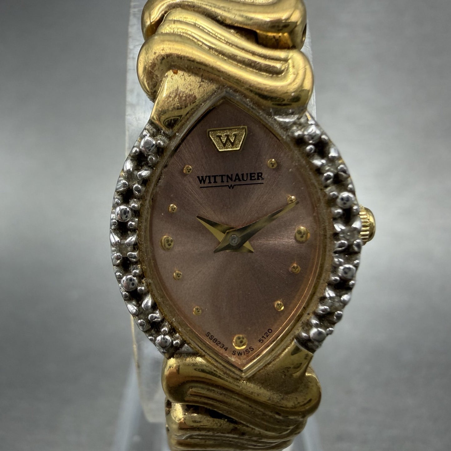 Wittnauer Watch Women 16mm Pink Dial Gold Tone Diamond Bezel SS8234 5120 New Bat1