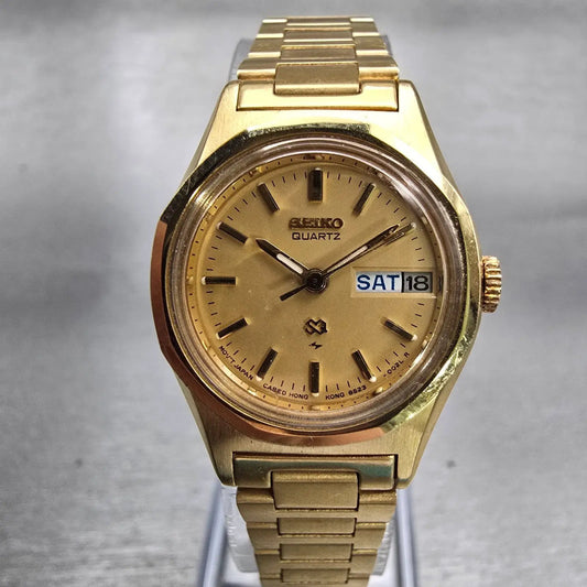 Seiko SQ Watch Women 23mm Gold Dial Gold Tone Daydate Round 8523-0049 New Batt0