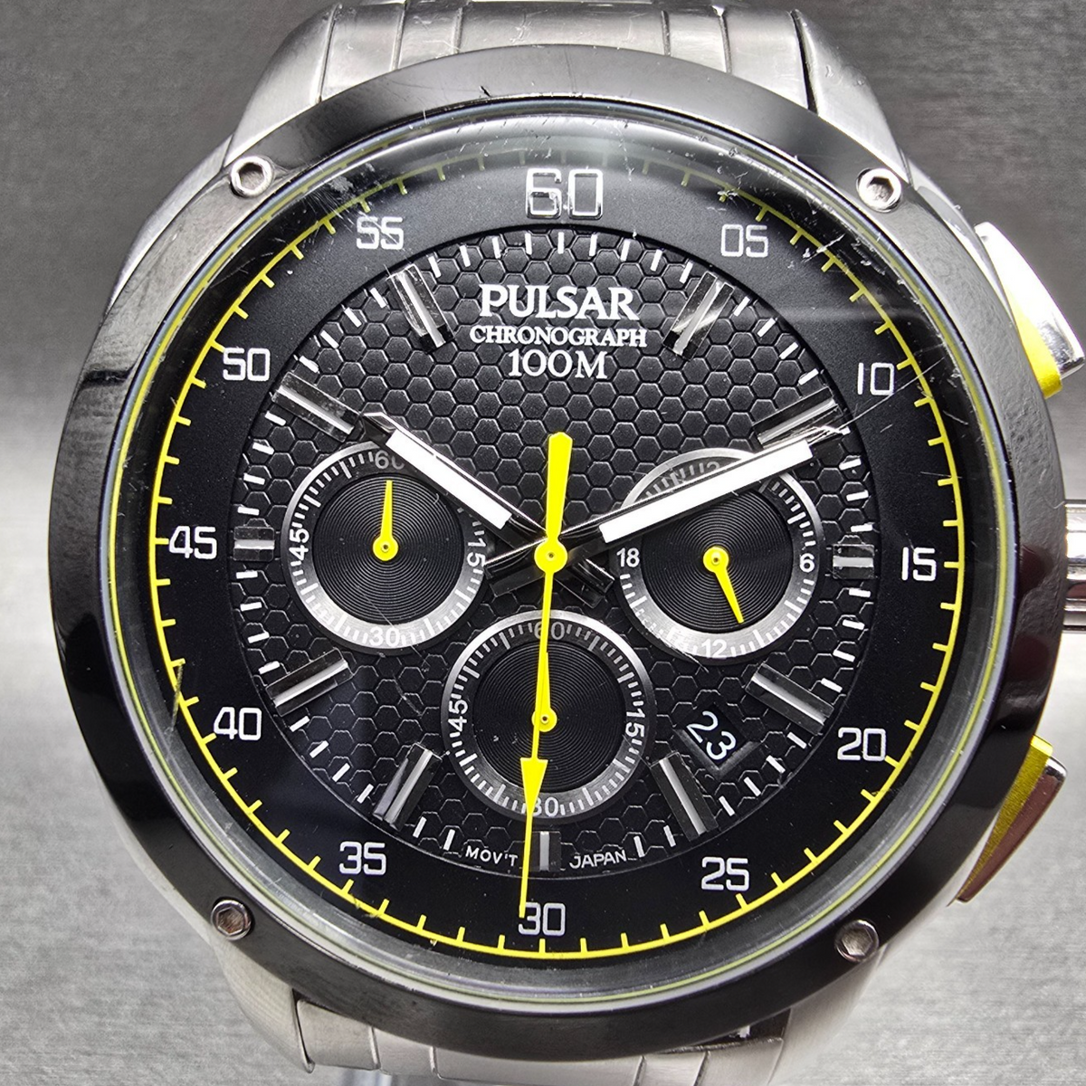 Pulsar Chronograph Watch Men 47mm Black Dial Two Tone Date VD53-X112 New Battery1