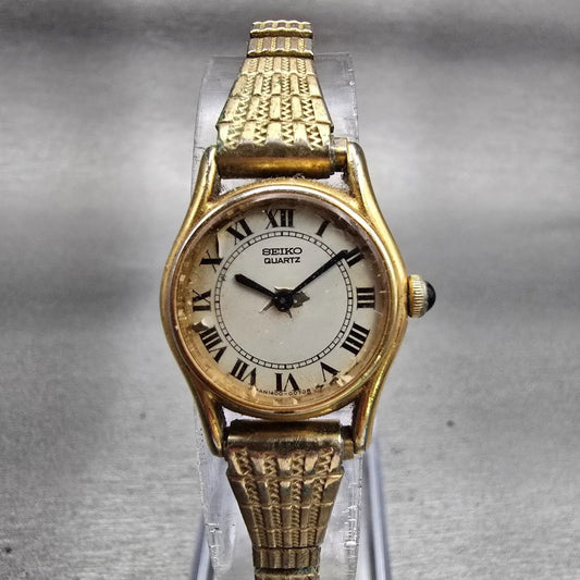 Seiko Watch Women 20mm White Dial Gold Tone Round 1400-0029 Vintage New Battery0