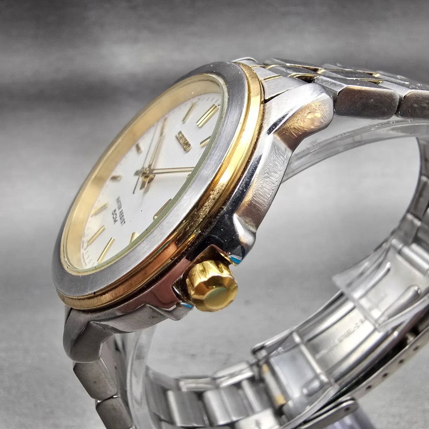 Seiko Watch Men 38mm White Dial Two Tone Date Round V742-6119 New Battery VTG2