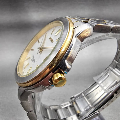 Seiko Watch Men 38mm White Dial Two Tone Date Round V742-6119 New Battery VTG2