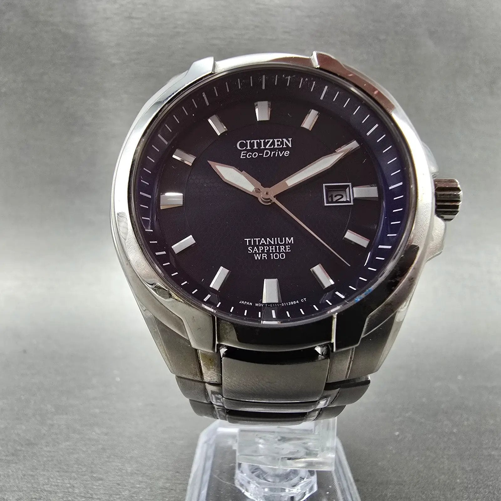 Citizen Eco-Drive Watch Men 43mm Blue Dial Titanium Date E111-S078369 Runs5