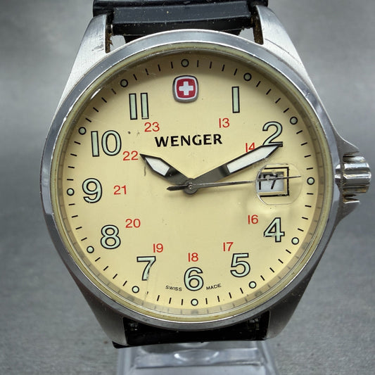 Wenger Watch Men 38mm Cream Dial Silver Tone Date Round 7270X PARTS Vintage0