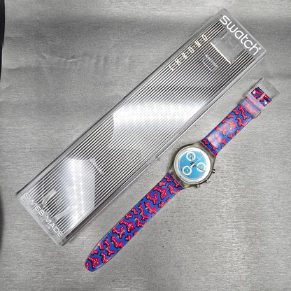 Swatch Chrono Wild Card Watch Men 37mm Blue Dial Clear Case SCK100 New Batt NOS16