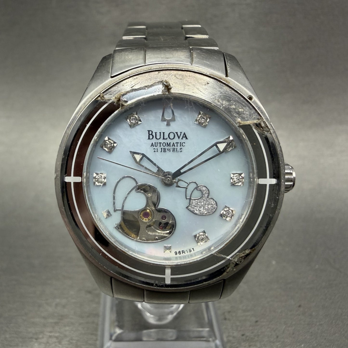 Bulova Automatic Watch Women 36mm MOP Heart Dial Silver Tone Round 96R151 Runs0
