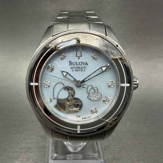 Bulova Automatic Watch Women 36mm MOP Heart Dial Silver Tone Round 96R151 Runs0