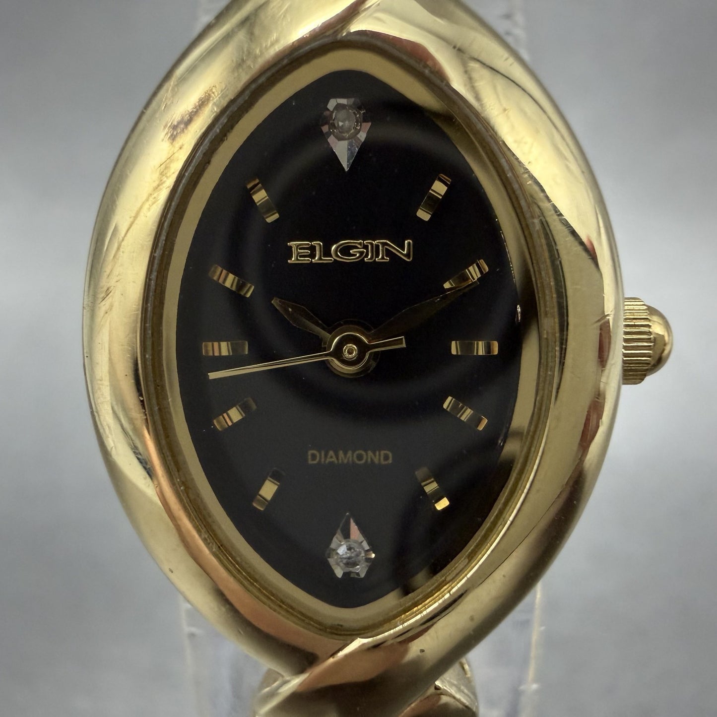 Elgin Watch Women 18mm Black Dial Gold Tone Oval Bangle New Battery VC11EG237N1