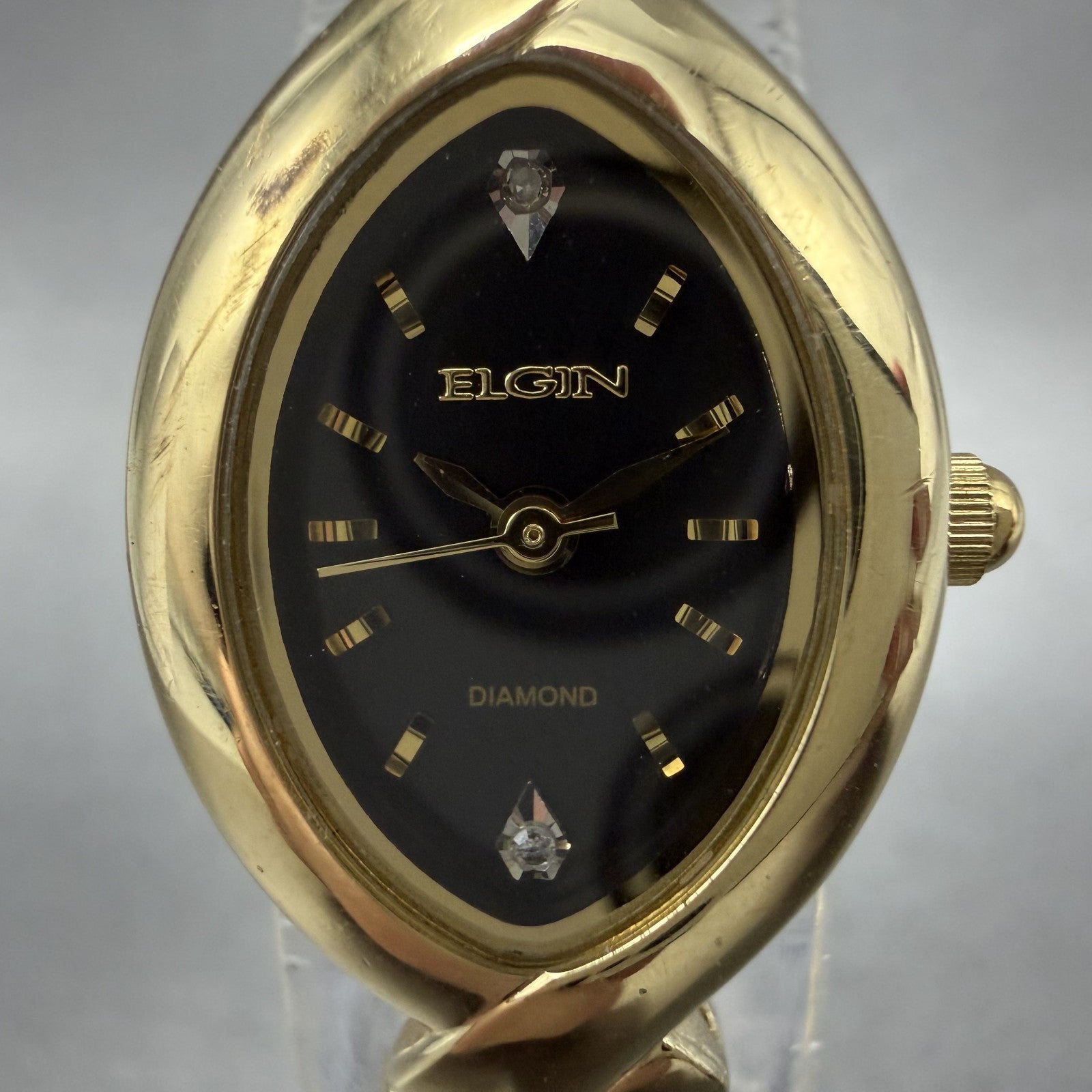 Elgin Watch Women 18mm Black Dial Gold Tone Oval Bangle New Battery VC11EG237N1