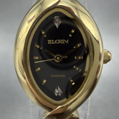 Elgin Watch Women 18mm Black Dial Gold Tone Oval Bangle New Battery VC11EG237N1