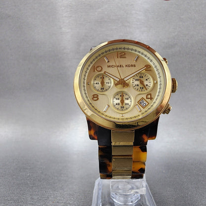Michael Kors Watch Women 38mm Gold Dial Gold Tone Torties Daydate New Battery5