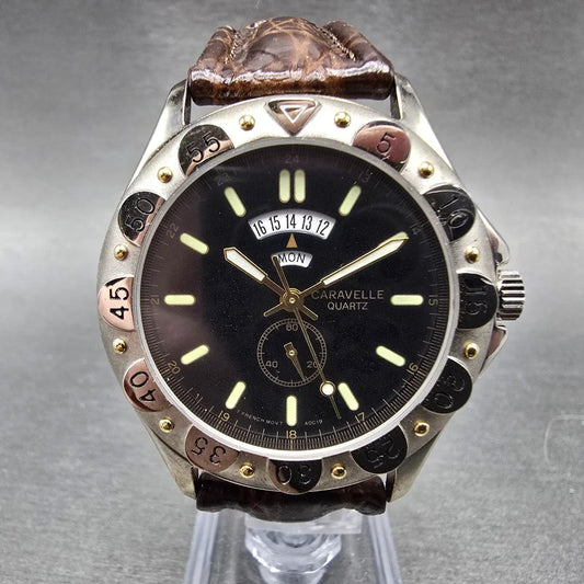 Bulova Caravelle Dive Watch Men 39mm Black Dial Two Tone Daydate 40C19 New Batt0