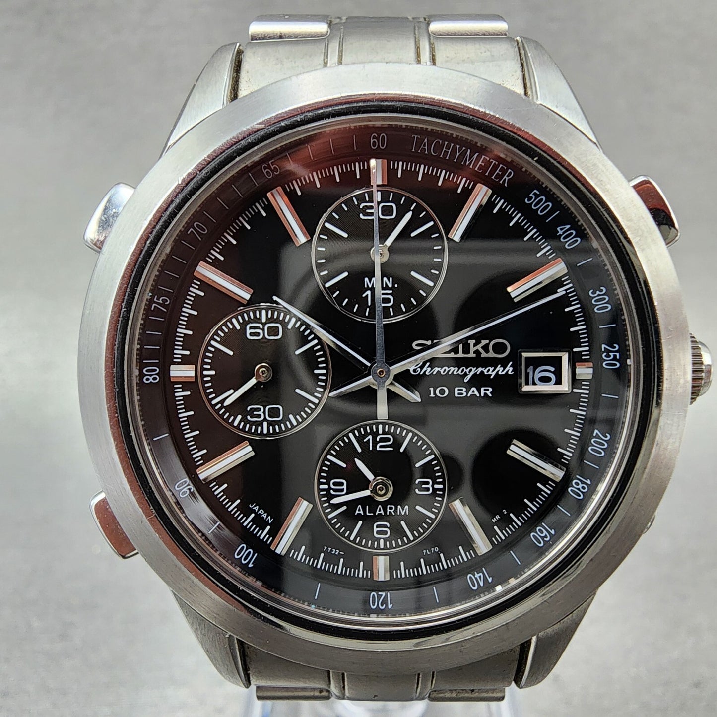 Seiko Chronograph Watch Men 37mm Black Dial Steel Date Alarm Round New Battery
