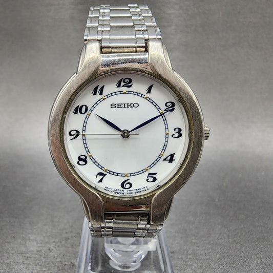 Seiko Watch Men 34mm White Dial Silver Tone Round V7017a70 New Battery0