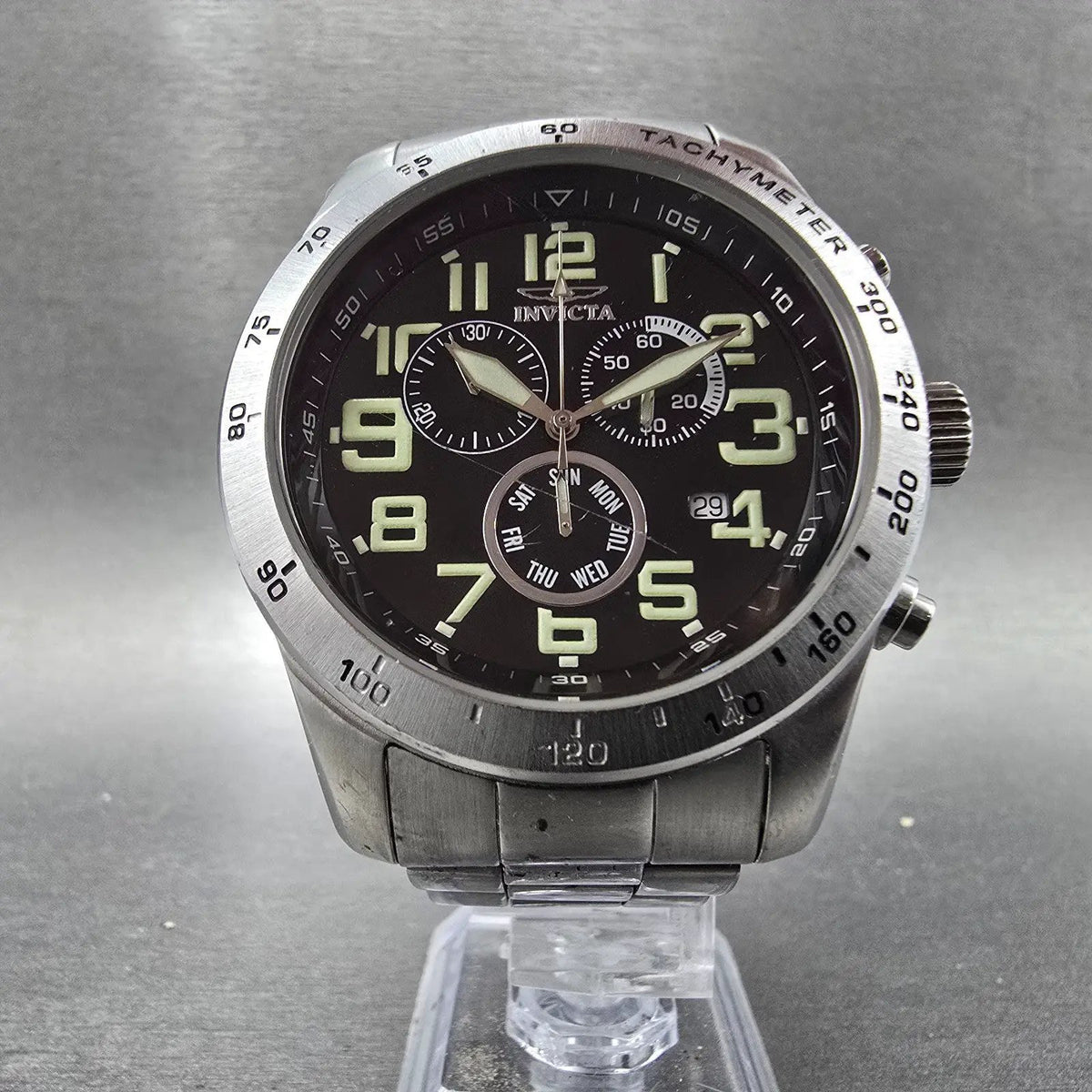 Invicta Chronograph Watch Men 44mm Black Dial Steel Daydate Round New Battery5