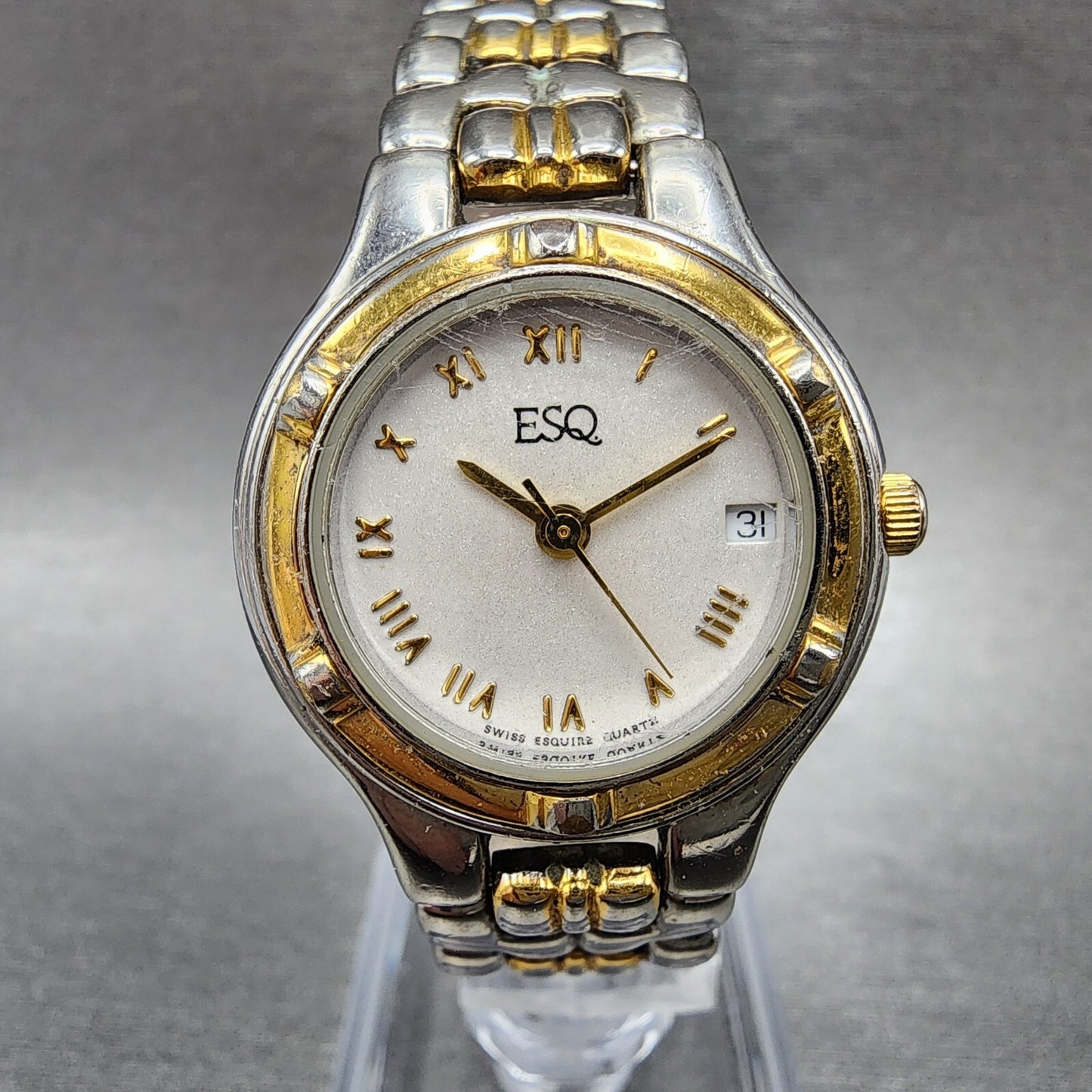 ESQ Watch Women 27mm Silver Dial Two Tone Date Round New Battery Vintage0