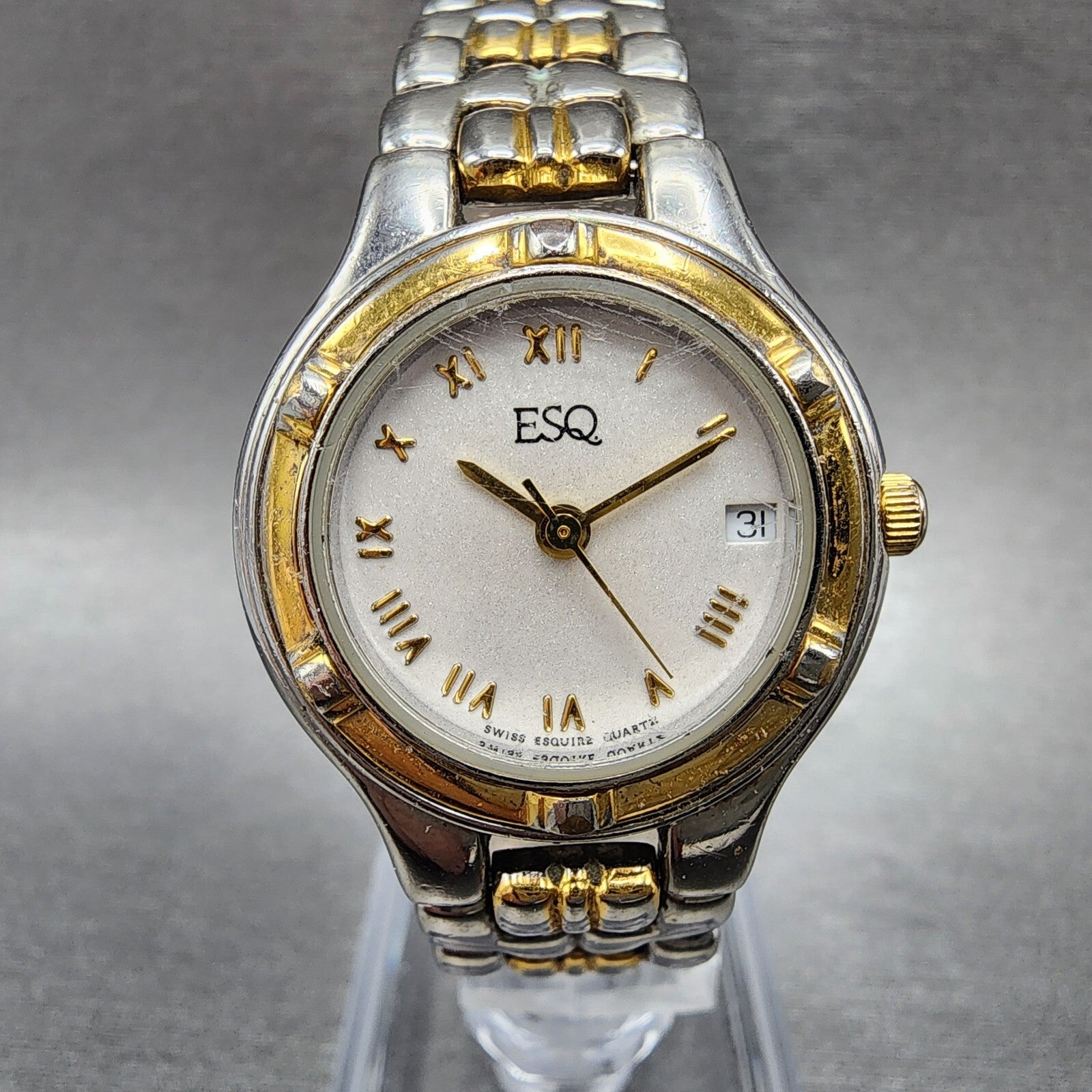 ESQ Watch Women 27mm Silver Dial Two Tone Date Round New Battery Vintage0