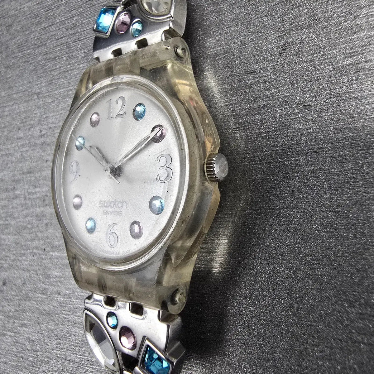 Swatch Menthol Tone Watch Women 25mm Silver Dial Clear Case LK292G New Battery 54