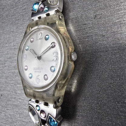 Swatch Menthol Tone Watch Women 25mm Silver Dial Clear Case LK292G New Battery 54